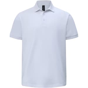 A white men's ultrafine cotton pique polo with a classic collar and short sleeves, featuring a logo on the neckline.