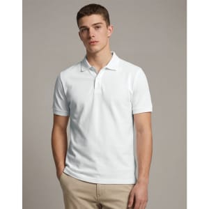 A white men's ultrafine cotton pique polo shirt displayed on a model, featuring a logo on the chest.