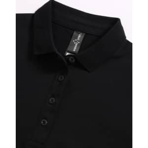 A black ultrafine cotton pique polo featuring a collar and buttons, with a logo present on the label.