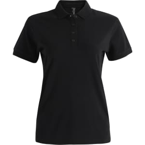 A black ladies' polo shirt made of ultrafine cotton pique, featuring a collared neckline and buttons, with a logo.