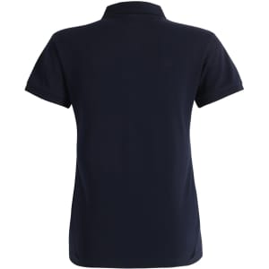 A navy ladies' ultrafine cotton pique polo featuring a collar and short sleeves, with a logo on the back.