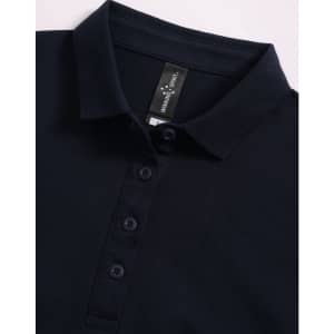 A navy blue ultrafine cotton pique polo with a classic collar and button placket, featuring a logo.