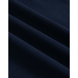 A close-up of navy ultrafine cotton pique fabric with textured folds. It features a subtle branding logo.