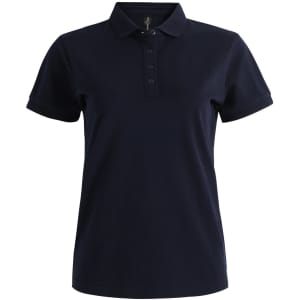 A navy blue ladies' ultrafine cotton pique polo with a collar and buttons, featuring a logo.