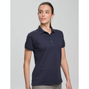 A navy ladies ultrafine cotton pique polo, featuring a classic collar and buttons, displayed on a model.