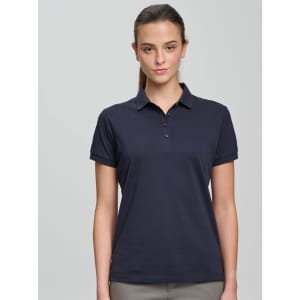 A navy blue ladies' polo shirt made from ultrafine cotton pique with a collar and button placket. It features a logo.
