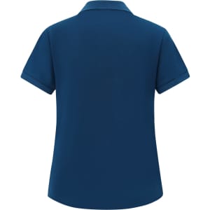 A navy blue ladies' ultrafine cotton pique polo shirt with a collar and short sleeves, featuring a logo.