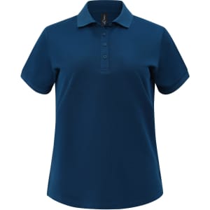 A blue ladies ultrafine cotton pique polo featuring a classic collar and five button placket, with a logo.