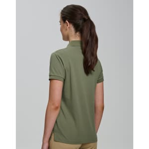 A women's olive green ultrafine cotton pique polo shirt, featuring a simple design and a branded logo.
