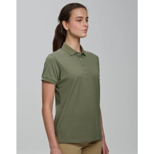 A olive green ladies' polo shirt made from ultrafine cotton pique, featuring a collar and buttoned placket.