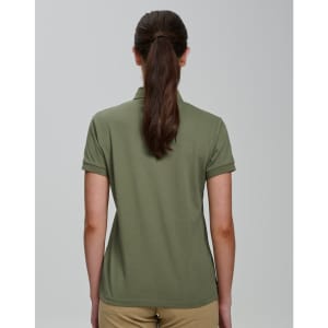 A women's olive green polo shirt with a classic cut and short sleeves, featuring a logo on the back.