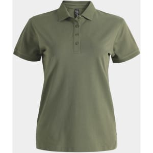 A green ladies ultrafine cotton pique polo featuring a collar and three buttons, with a logo on the chest.