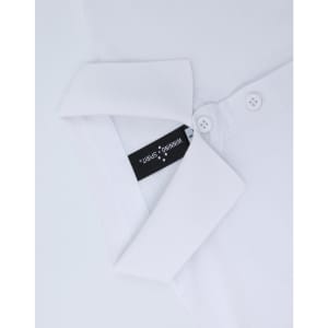 A white ultrafine cotton pique polo with a collar and two buttons, featuring a logo on the label.