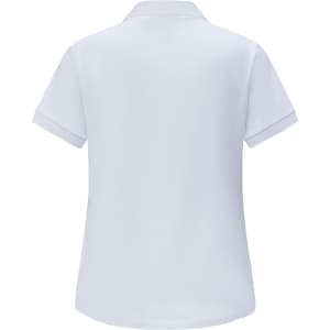 A white ladies ultrafine cotton pique polo shirt with short sleeves and a collar. Features a branding logo.