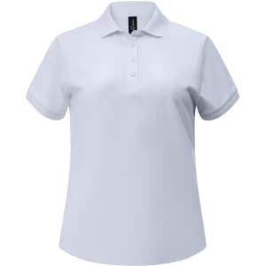 A white ladies polo shirt made from ultrafine cotton pique fabric, featuring a polo collar and button placket.