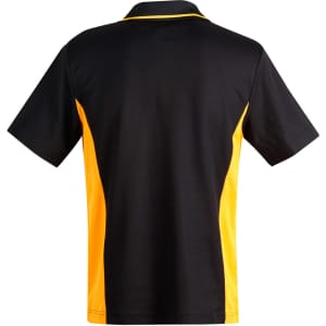 A black and yellow men's polo shirt featuring a contrast design and a logo. The back view highlights the colour combination.