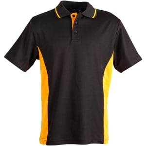 A black and yellow men's polo shirt featuring a contrast design and a collar with buttons. It has a logo on the chest.