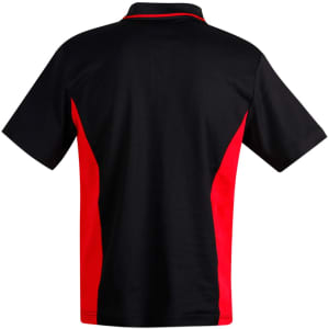A black and red Men's TrueDry Contrast S/S Polo shirt with a logo on the back.