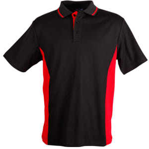 A black and red Men's TrueDry Contrast short-sleeve polo shirt with a collar and a logo.