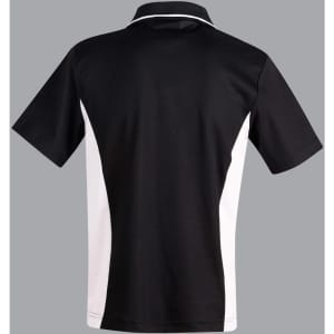 A black and white Men's TrueDry Contrast short-sleeve polo shirt featuring a logo.
