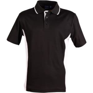 A black and white Men's TrueDry Contrast short-sleeve polo shirt with a collar and buttons, featuring a logo.