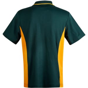 Men’s TrueDry Contrast S/S Polo in dark green with yellow side panels and a logo on the back.