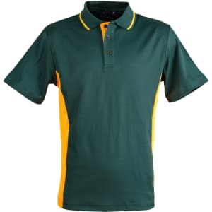 A green and yellow men's polo shirt featuring a contrast design and a logo on the chest.
