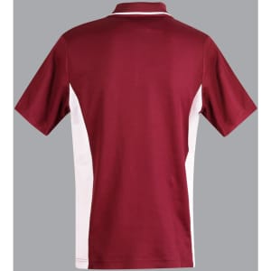 Men's TrueDry Contrast polo shirt in maroon with white side panels and a collar, featuring a logo.