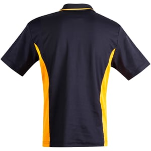 A navy and yellow Men's TrueDry Contrast short-sleeve polo shirt with a branding logo on the back.
