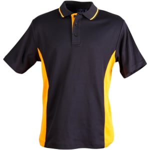 A black and yellow men's polo shirt with short sleeves and a collar, featuring a logo on the chest.