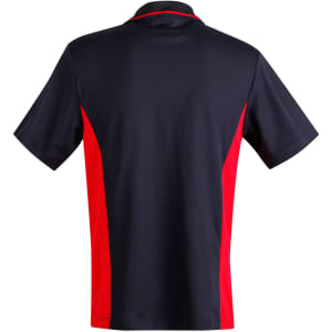 Men's polo shirt in navy with red contrast panels, featuring short sleeves and a collar, also has a logo.