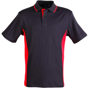 Men's TrueDry Contrast short sleeve polo in black with red side panels and a collar. It features a logo on the chest.