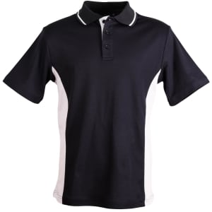 A black polo shirt with contrasting white side panels and a collar, featuring three buttons and a logo.