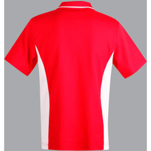 A red polo shirt with white contrast panels and a logo. The design features a classic collar and short sleeves.