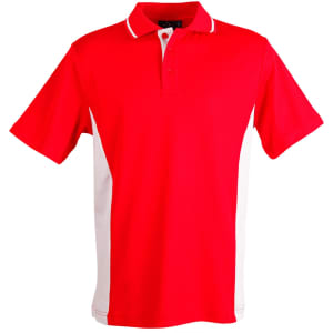 A red and white men's polo shirt featuring a contrasted design and a collar. The shirt has a logo on it.