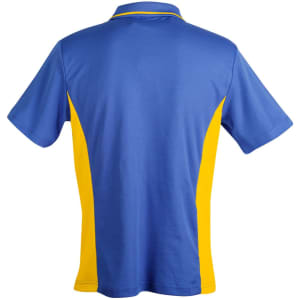 A blue and yellow men's polo shirt featuring short sleeves and a collar, with a logo on the front.