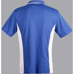 A blue and white men's polo shirt featuring a contrast design and a logo on the back.
