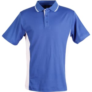 A blue and white polo shirt with a collar and short sleeves, featuring branding on the chest.