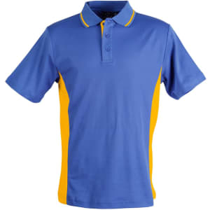 A blue and yellow short-sleeve polo shirt with a collar and contrasting side panels. It features a logo on the chest.