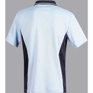A light blue and black men's polo shirt with a short sleeve and a collar, featuring a logo.