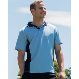 A light blue polo shirt with black contrast panels and a logo on the chest, featured on a model outdoors.