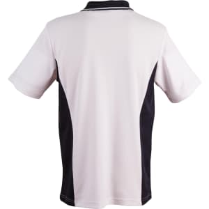 A men's polo shirt in white and black, featuring short sleeves and a collar, with a logo on the back.