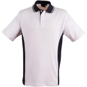 Men's polo shirt in light grey with navy contrast panels and a collar, featuring a logo on the chest.