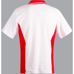 A polo shirt featuring a white body with red contrast side panels. It has a collar and a branding logo.