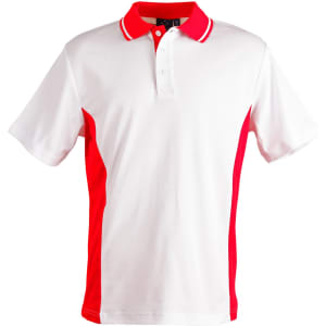 A men's polo shirt featuring a white body with red contrast paneling and a collar. It has a logo on the chest.