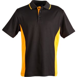 A black and yellow short-sleeve polo shirt featuring a logo on the chest.