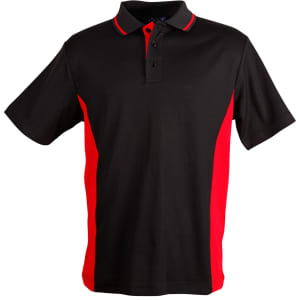 A black and red polo shirt featuring short sleeves and a three-button placket, with a logo on the chest.