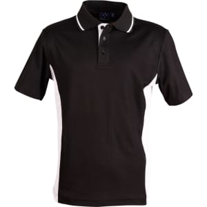 A black and white polo shirt with short sleeves, featuring a collar and a logo.
