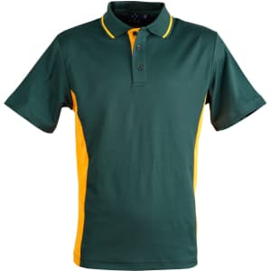 A dark green polo shirt featuring contrasting yellow side panels and a collar. It has a logo on the chest.