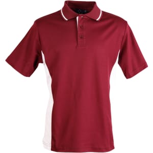 A maroon and white polo shirt with short sleeves and a collar, featuring buttons and a logo.